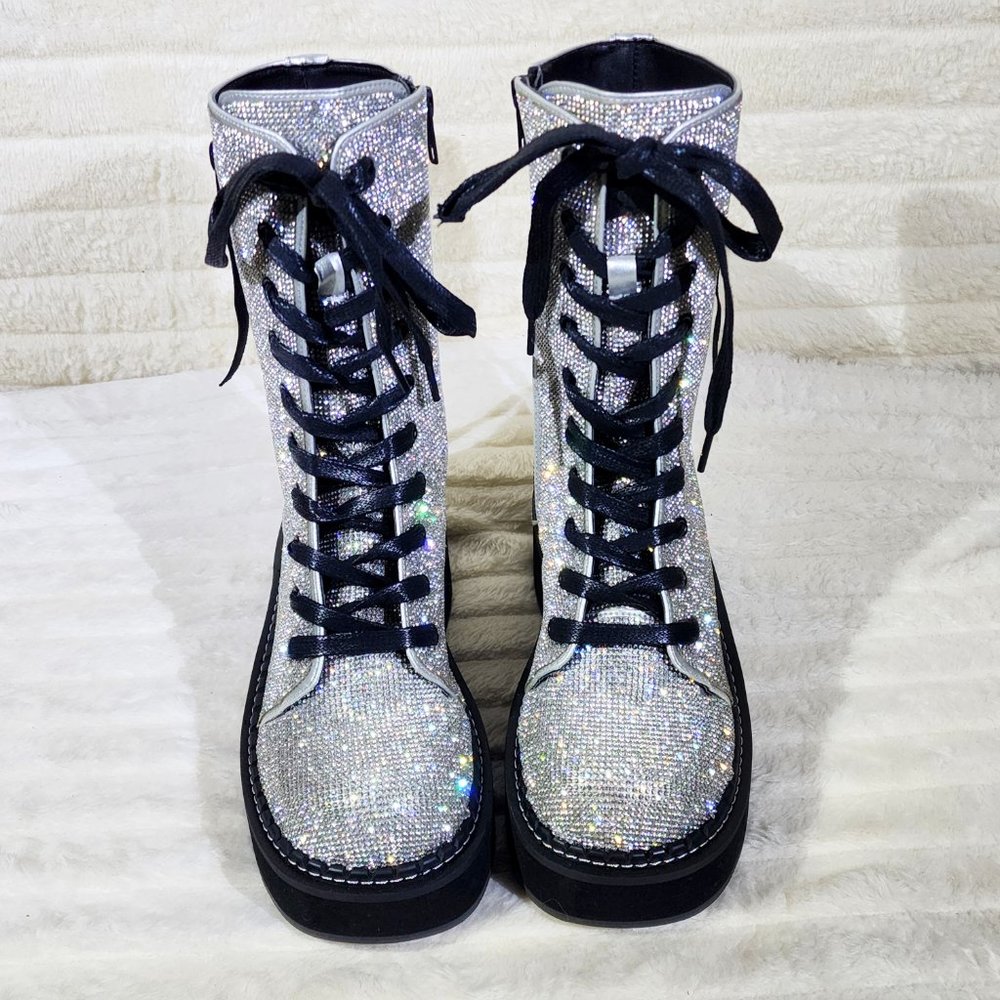 Super Sparkle Iridescent Rhinestone Platform Combat Mid Calf Boots 362 Emily - Picture 6 of 17